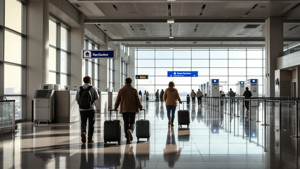 Flughafenterminal mit Reisenden und Gesundheitskontrollstationen