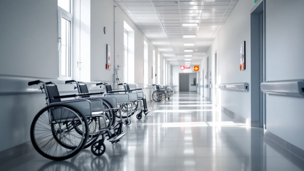 Leerer Krankenhausflur mit Tageslicht und Wegweisern